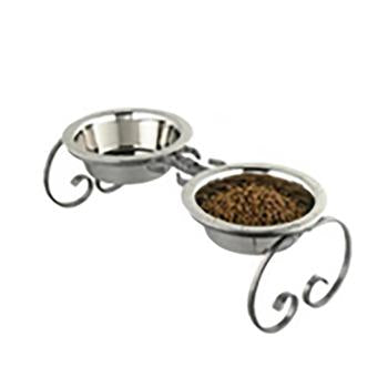 Classic Wrought Iron Dog Diner with Stainless Steel Bowls - Silver