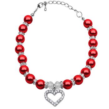 Heart and Pearl Dog Necklace - Red