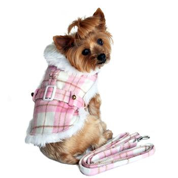 Plaid Fur-Trimmed Dog Harness Coat - Pink and White
