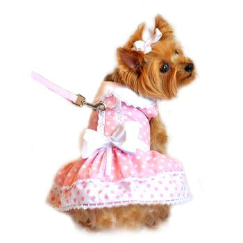 Pink Polka Dot and Lace Designer Dog Harness Dress by Doggie Design