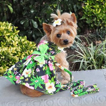 Twilight Black Hawaiian Hibiscus Dog Dress with Matching Leash by Doggie Design