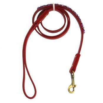 Amethyst Mini Beads Leather Dog Leash - Red