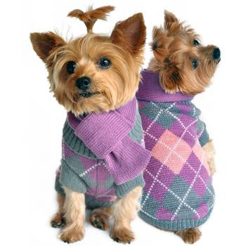 Argyle Purple Dog Sweater with Scarf