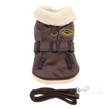 Brown and Black Faux Leather Bomber Dog Coat Harness and Leash