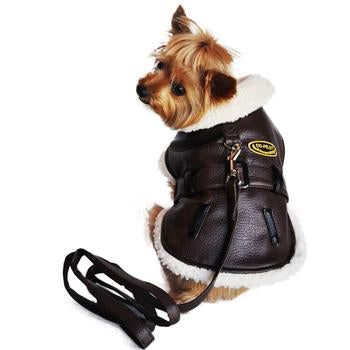 Brown and Black Faux Leather Bomber Dog Coat Harness and Leash by Doggie Design