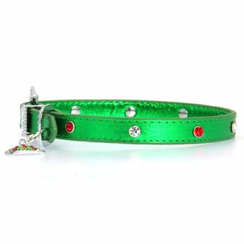 Foxy Metallic Green Christmas Collar w/Christmas Tree Charm by Cha-Cha Couture