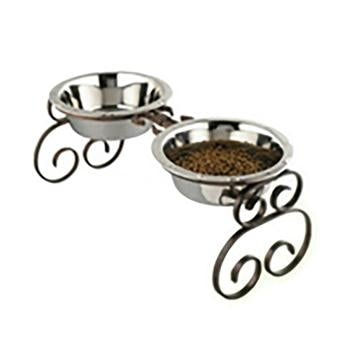 Classic Wrought Iron Dog Diner with Stainless Steel Bowls - Copper