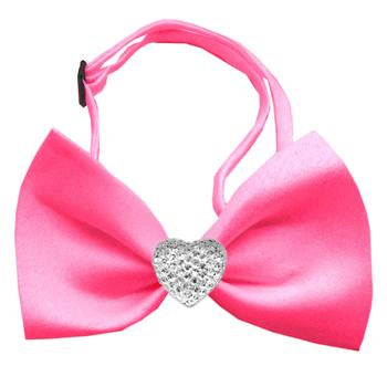 Clear Crystal Heart Chipper Dog Bow Tie - Hot Pink