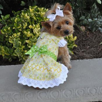 Emily Yellow Floral and Lace Dog Dress with Matching Leash by Doggie Design