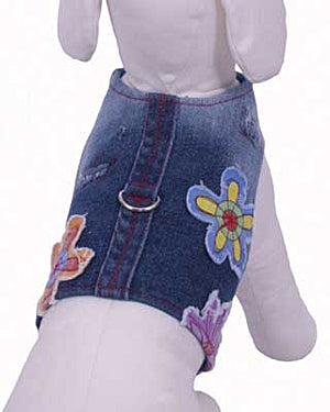 Euphoria Flower Denim Harness Vest w/ Leash by Cha-Cha Couture - Blue