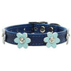 Flower Blue Leather Dog Collar - Baby Blue Flowers