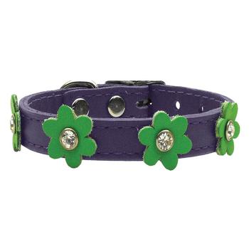 Flower Purple Leather Dog Collar - Lime Green Flowers