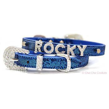 Foxy Glitz Dog Collar With Letter Strap by Cha-Cha Couture - Navy Blue