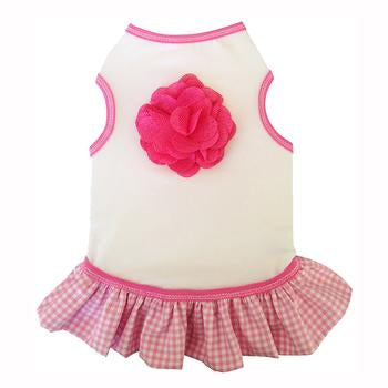 Gingham Ruffle Tank Dog Dress with Linen Flower Trim