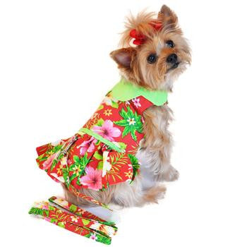 Red Hawaiian Hibiscus Designer Dog Harness Dress