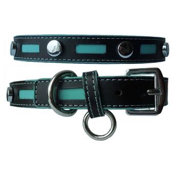 Inlaid Leather Dog Collar by Cha-Cha Couture - Black with Blue