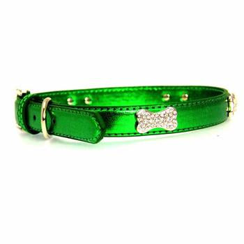 Metallic Crystal Bone Dog Collar - Emerald Green