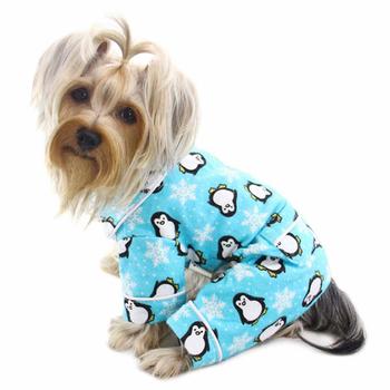 Penguins and Snowflakes Flannel Dog Pajamas by Klippo - Turquoise