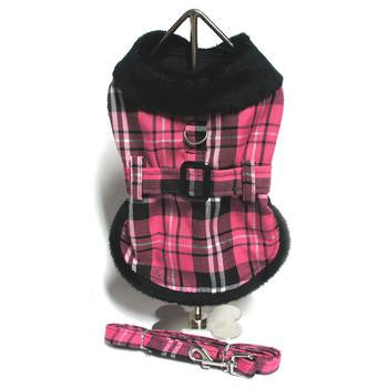 Plaid Fur-Trimmed Dog Harness Coat - Hot Pink and Black