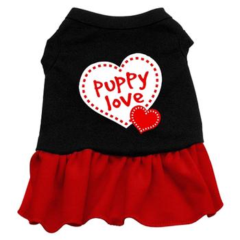 Puppy Love Screen Print Dog Dress - Black with Red Skirt