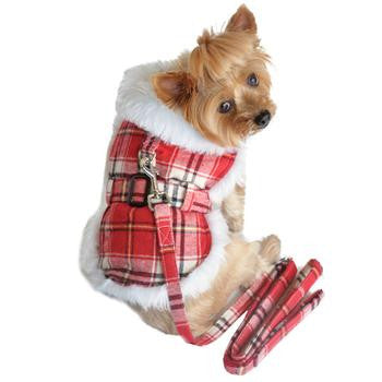 Plaid Fur-Trimmed Dog Harness Coat - Red and White