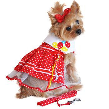 Red Polka Dot Balloon Designer Dog Harness Dress