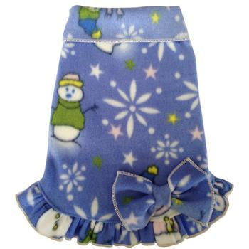 Snowman Snowflake Pullover Dog Dress With Bow - Light Blue