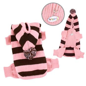 Stripy Dog Bodysuit with Long Hoodie by Klippo - Pink