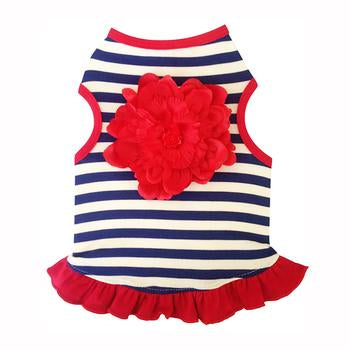 Navy and White Striped Tank Dog Dress - Red Flower