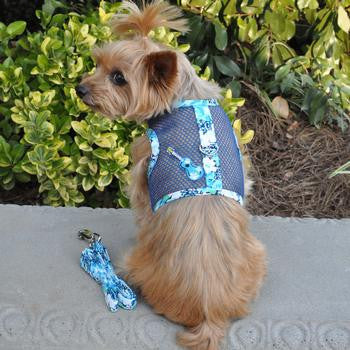 Ukulele Blue Hibiscus Cool Mesh Dog Harness with Matching Leash