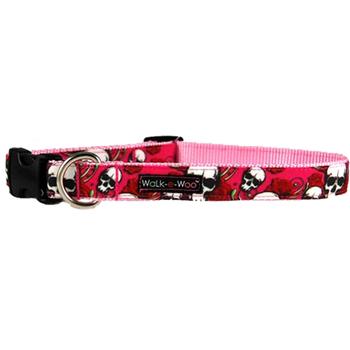 WaLk-e-Woo Skulls n' Roses Dog Collar - Pink