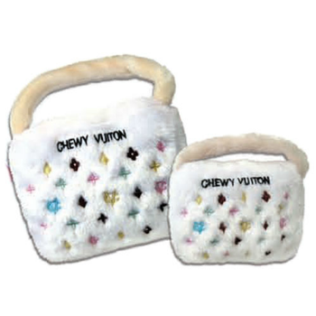 White Chewy Vuiton Purse Plush Dog Toy