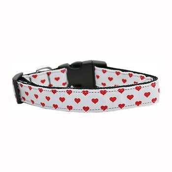 White and Red Dotty Hearts Nylon Dog Collar - White